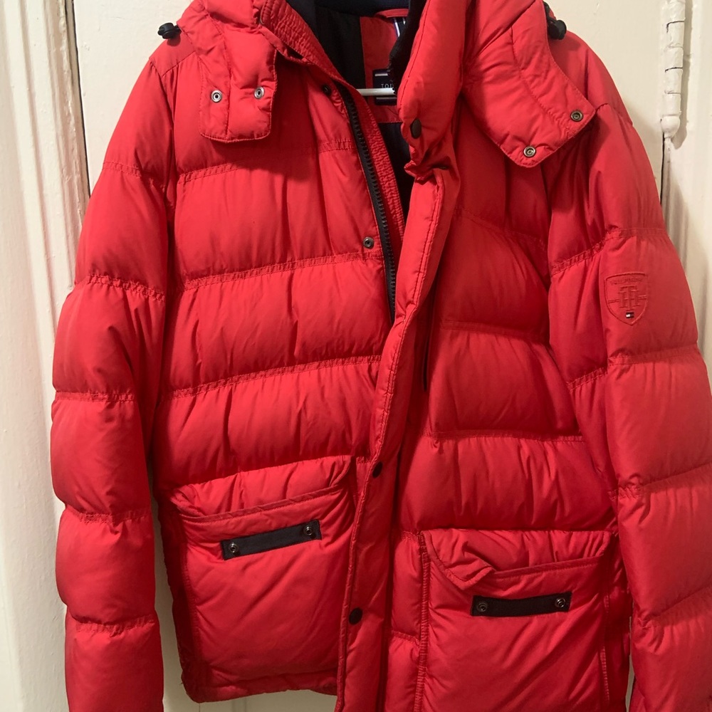 Mens Red Tommy Hilfiger puffer jacket.
